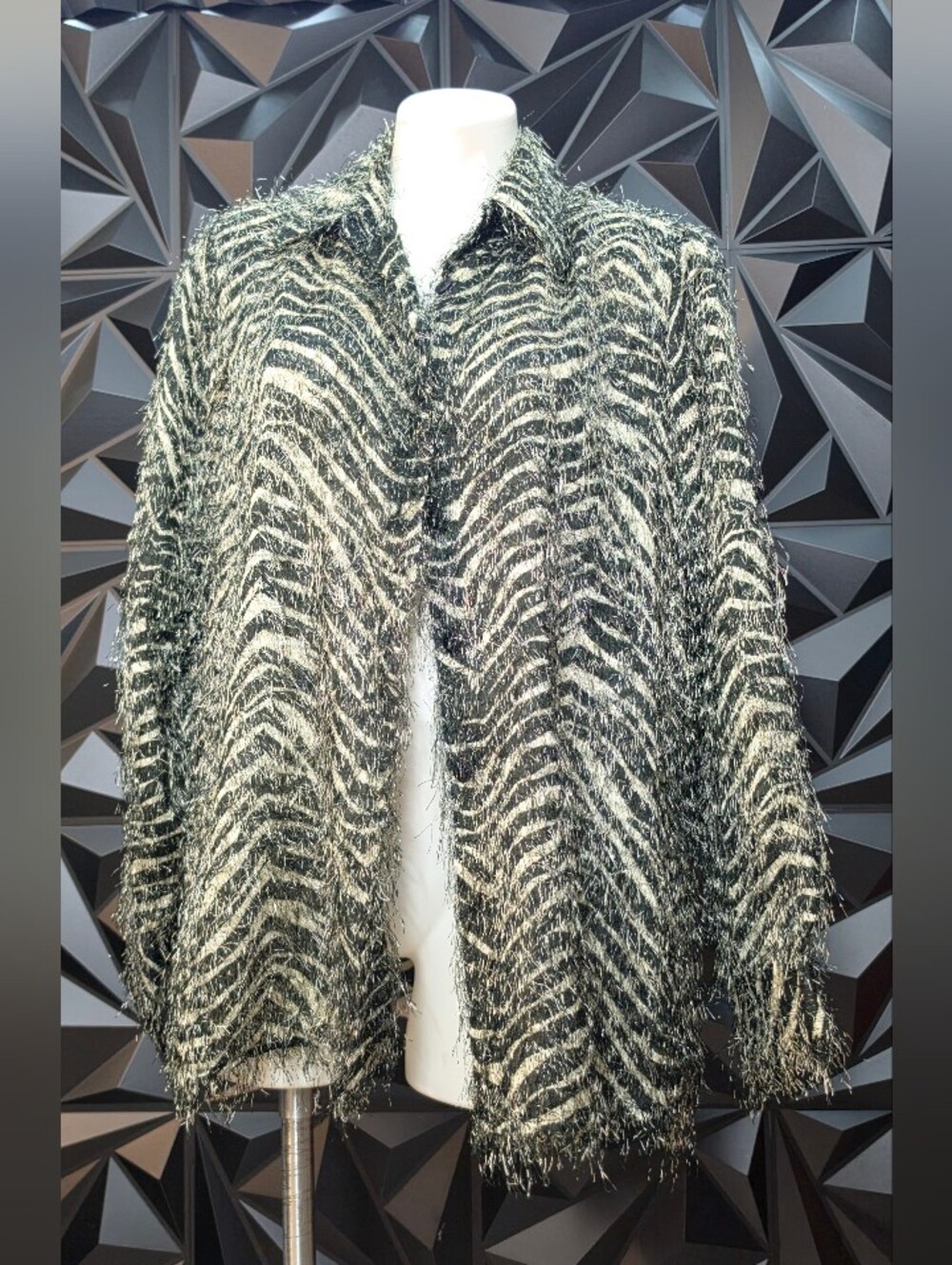 Women's Black & Cream Textured Teddy Jacket with Open Front
